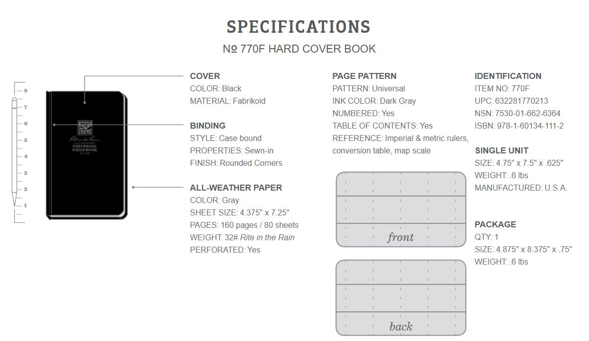 Rite in the Rain Hard Cover All Weather (Weatherproof) Universal Field Book Notebook 4.75" x 7.5"