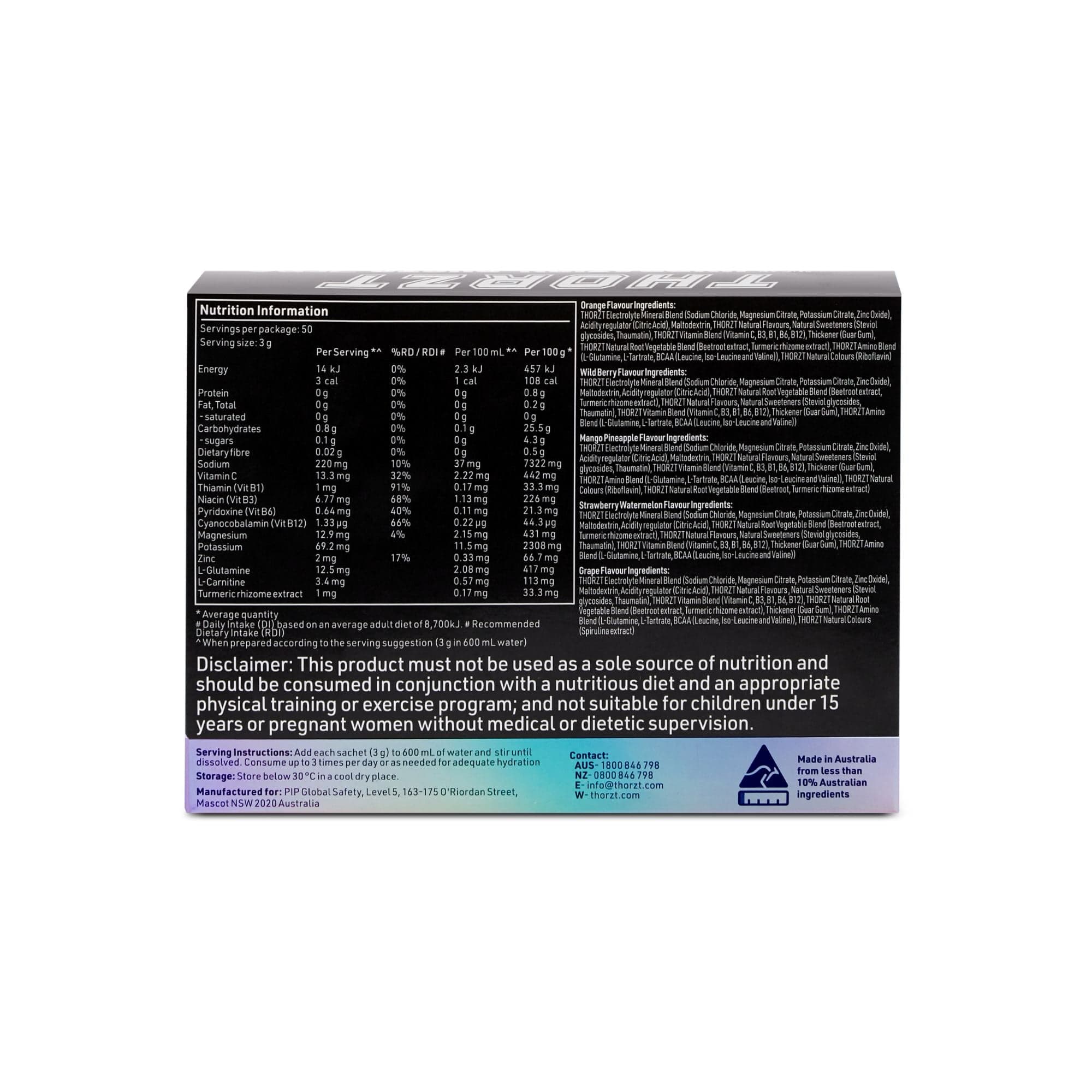 Thorzt 50Pce 99% Sugar Free Hydration Shots Zero - Natural Mixed Flavours SSSFZERO