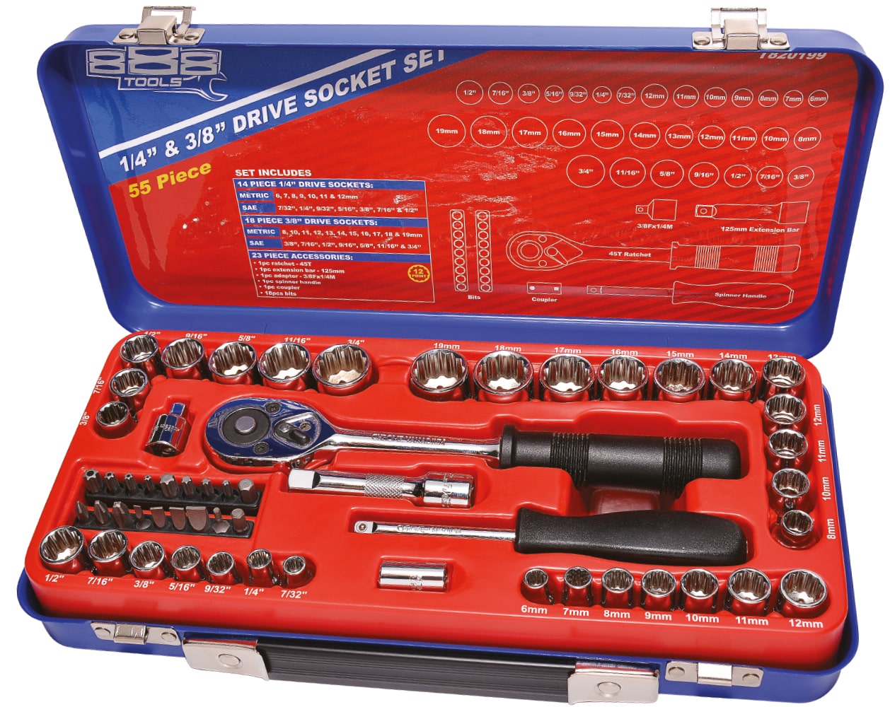 1/4" & 3/8"Drive Socket Set 12PT Metric/Sae 55Pce - T820199 by SP Tools