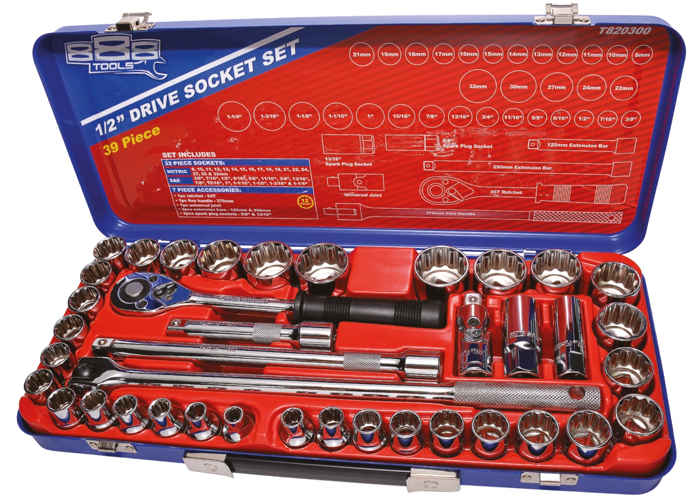 1/2"Drive Socket Set 12PT Metric/Sae 39PC - T820300 by SP Tools