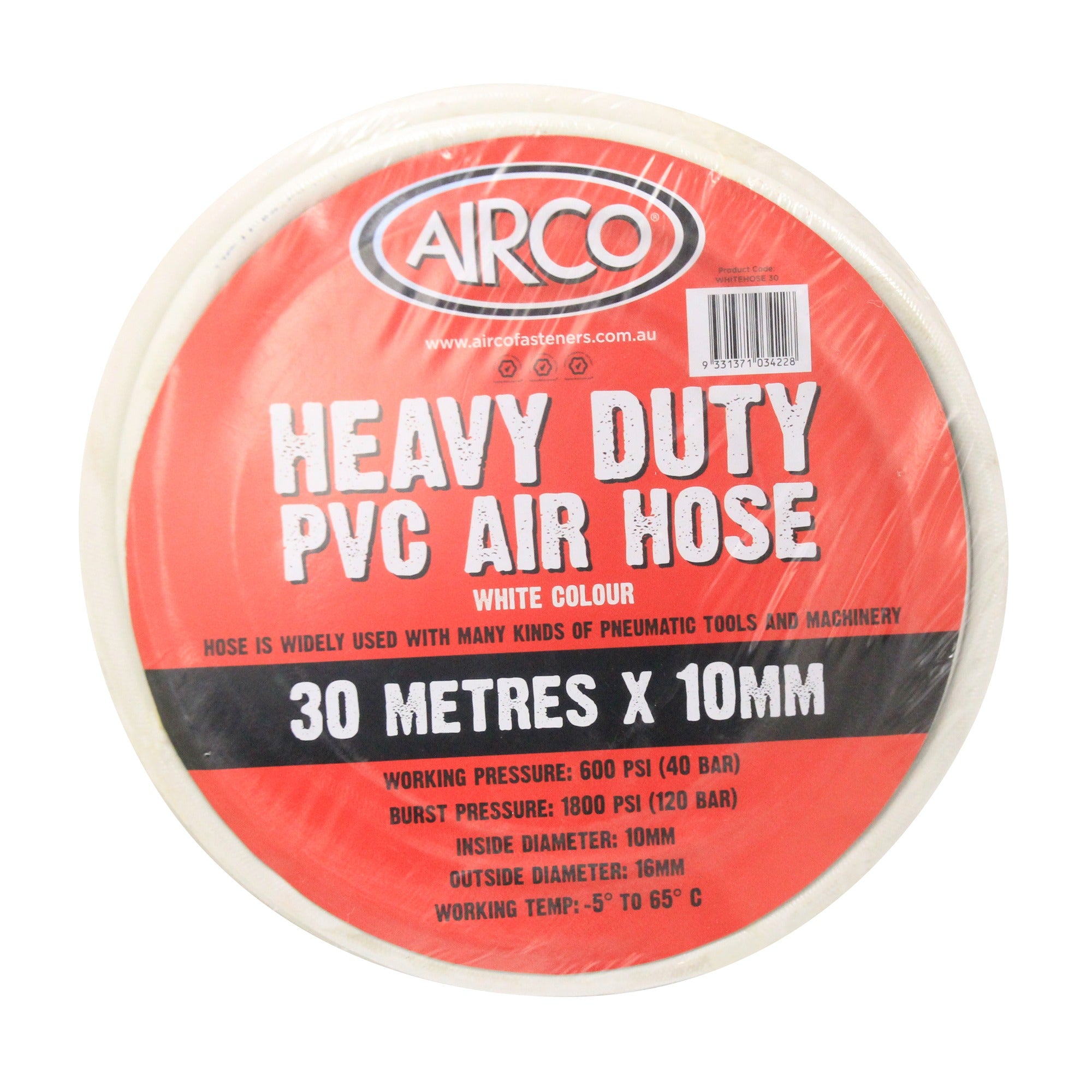 10mm x 30m Air Hose with Fitted Nitto Type Adaptor WHITEHOSE30 by Airco