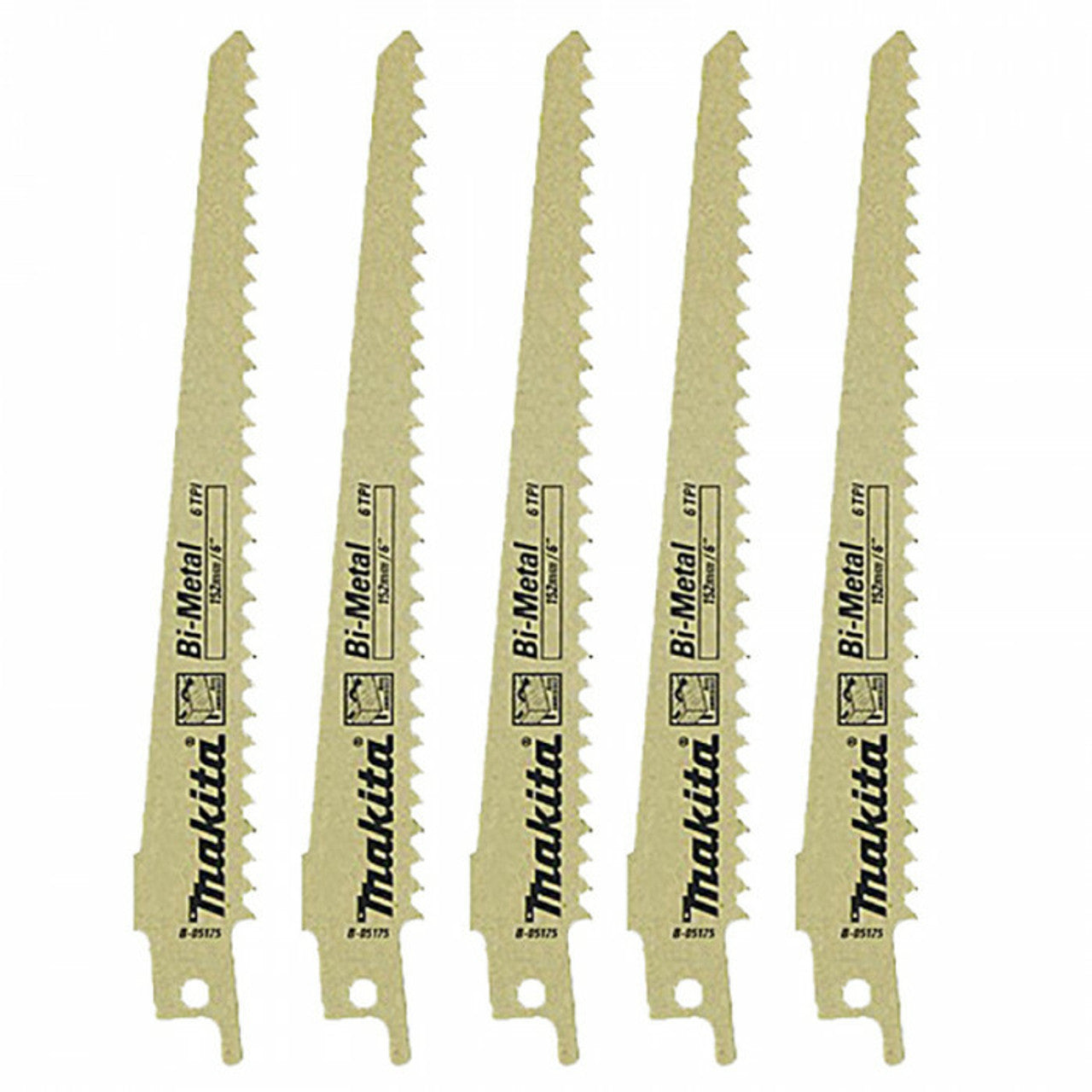 Makita 5Pce 152mm 6TPI Wood Cutting Bi-Metal Reciprocating Saw Blade B-05175