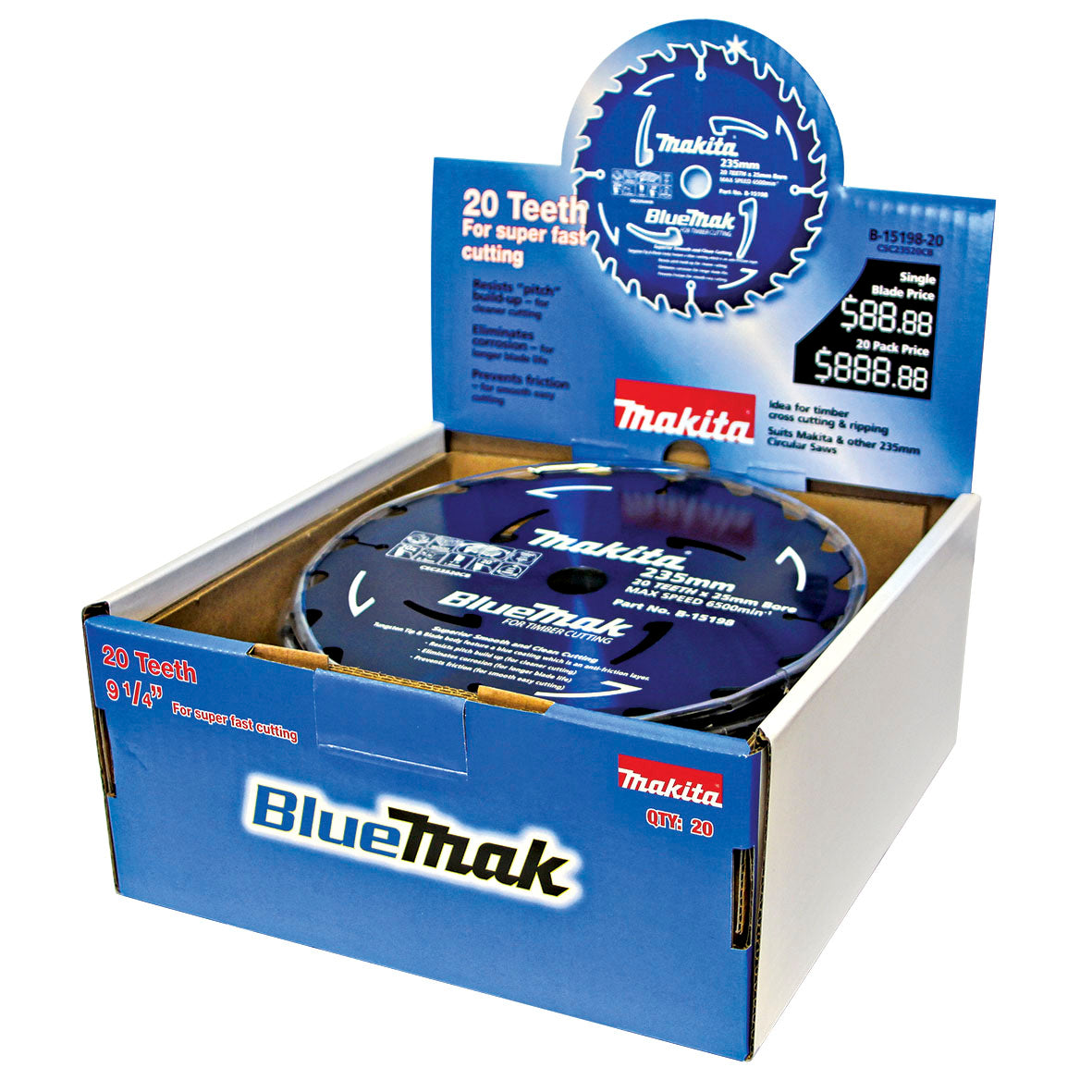 Makita 235mm x 25mm x 20T TCT Wood Cut BlueMak Saw Blade B-15198 | Per Blade (Unboxed - Out of a Bulk Pack)