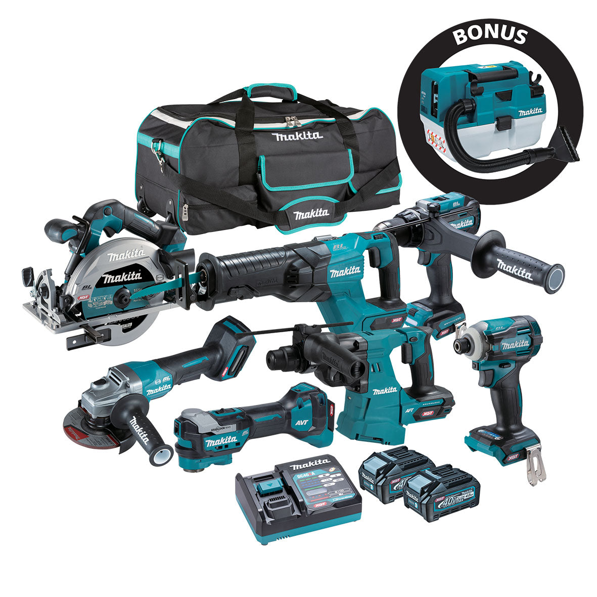 Makita 7Pce 40V Brushless Combo Kit With BONUS Dust Extraction Vacuum DK0280G701