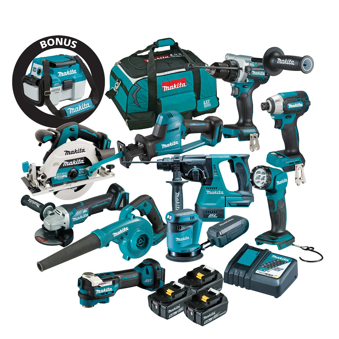 Makita 10Pce 18V Brushless Combo Kit with BONUS Wet/Dry Vacuum DLX1067TX1
