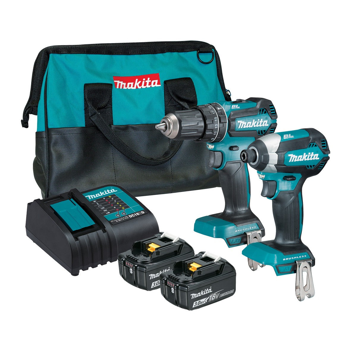 2Pce 18V 3.0Ah Brushless Hammer Drill + Impact Driver Kit DLX2283S by Makita