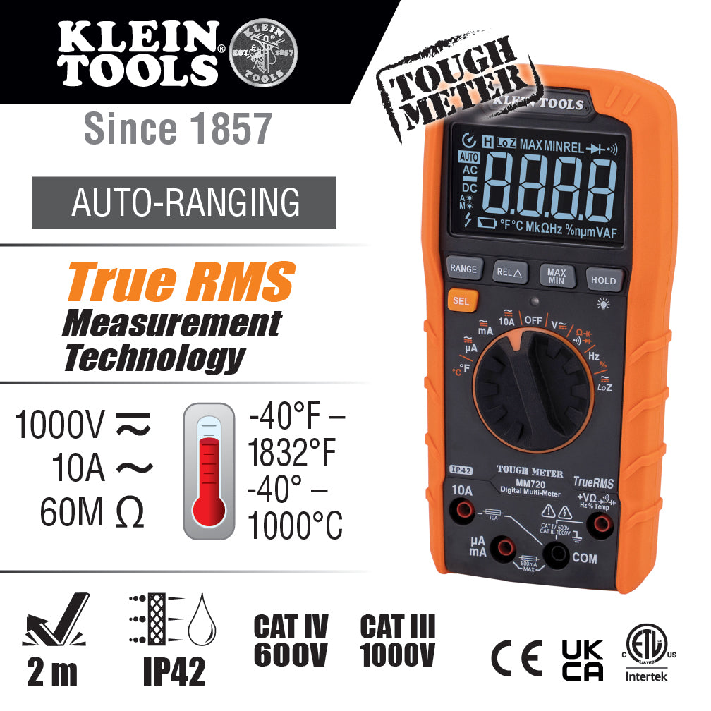 Klein Digital Multimeter 1000V TRMS Auto-Ranging /Temp / Low Impedence MM720