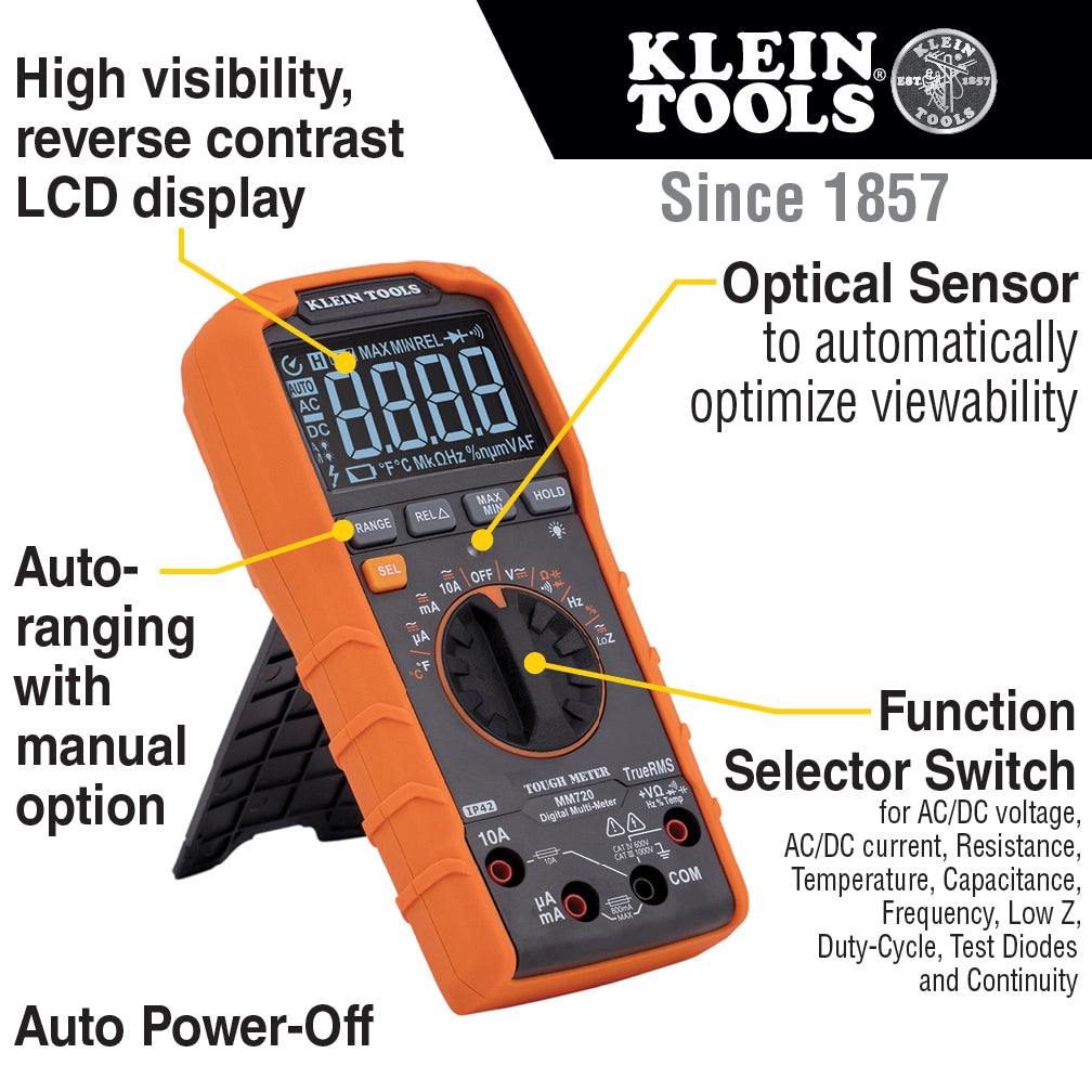 Klein Digital Multimeter 1000V TRMS Auto-Ranging /Temp / Low Impedence MM720