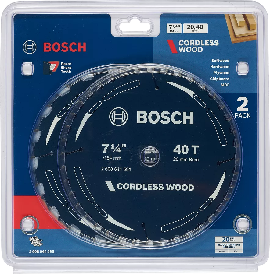 Bosch 184mm (7-1/4") x 20 x 40T and 20T 2Pce Circular Wood Saw Blade 2608644595