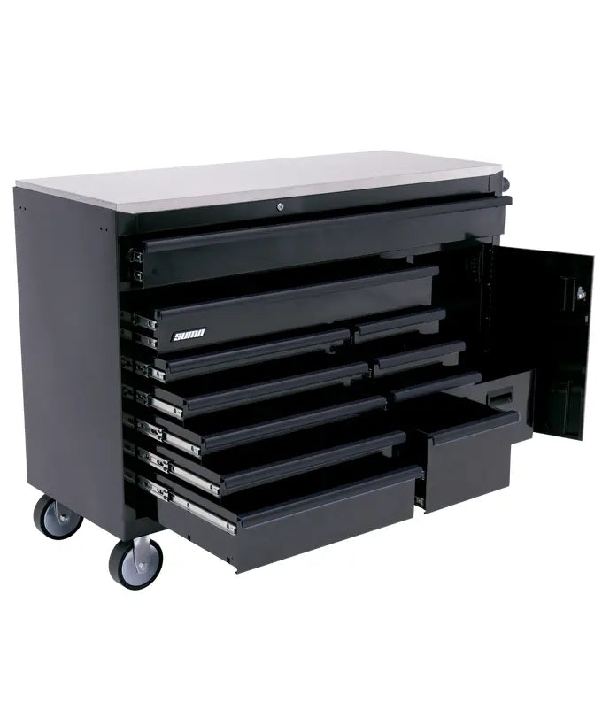 SP Tools 12 Drawer Sumo Series Trolley (Empty) with Power Tool Cupboard & Built In Power Board - Black/Chrome SP40095