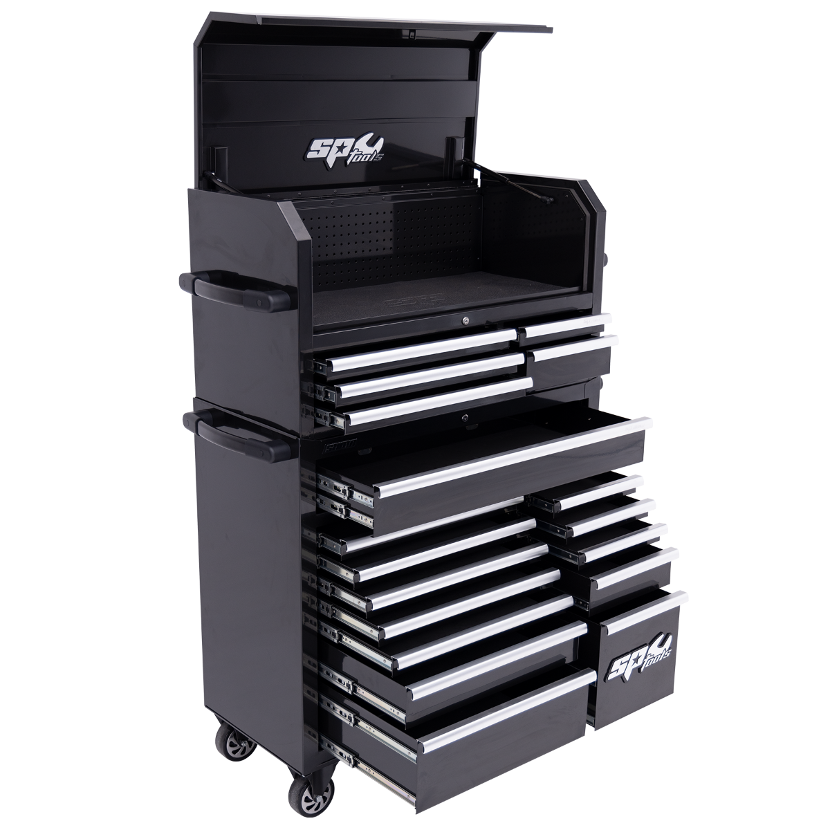 SUMO Series Power Hutch Tool Box, 18 Drawer, Black/Chrome Handles - SP40698 by SP Tools