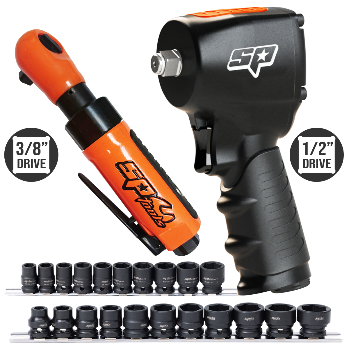 SP Tools Pneumatic Combo Kit With Impact Wrench, Ratchet Wrench and Impact Sockets SP9891LE