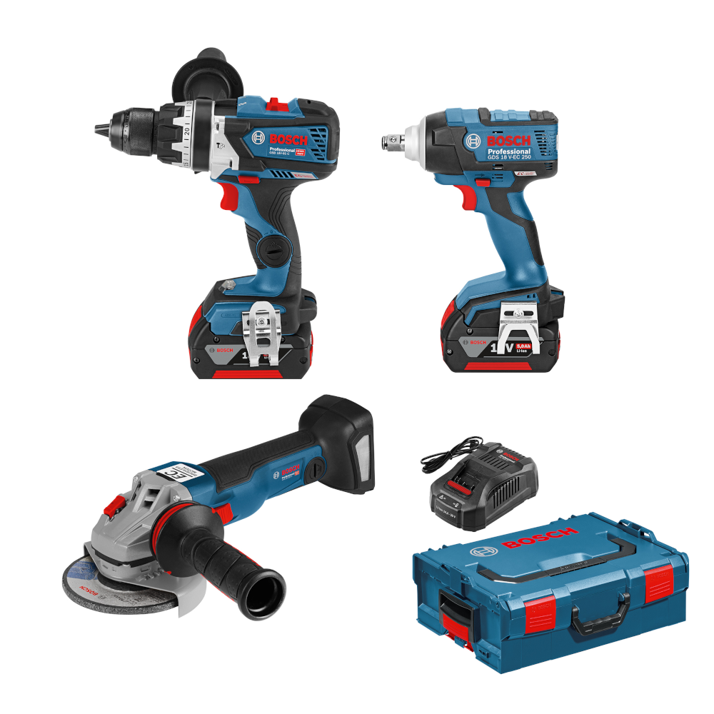 18V 4.0Ah 3Pce Brushless Heavy Duty Hammer Drill + Impact Driver / Wrench + Angle Grinder Kit 18VDBX2-PECWL (0615990K06) by Bosch