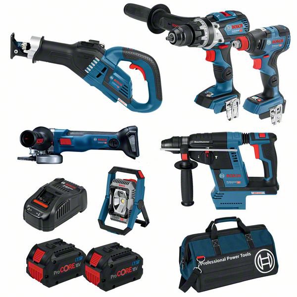 18V 8.0Ah 6Pce Brushless Drill Driver + Impact Driver + Angle Grinder + Floodlight + Reciprocating Saw + Rotary Hammer Kit 0615990L26 by Bosch