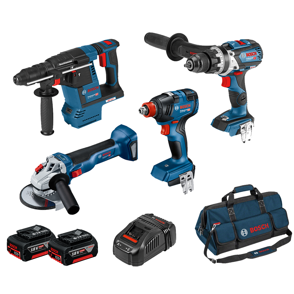 18V 5.0Ah 4Pce Brushless Hammer Drill + Impact Driver/Wrench + Rotary Hammer + Angle Grinder Kit (0615990M19) by Bosch