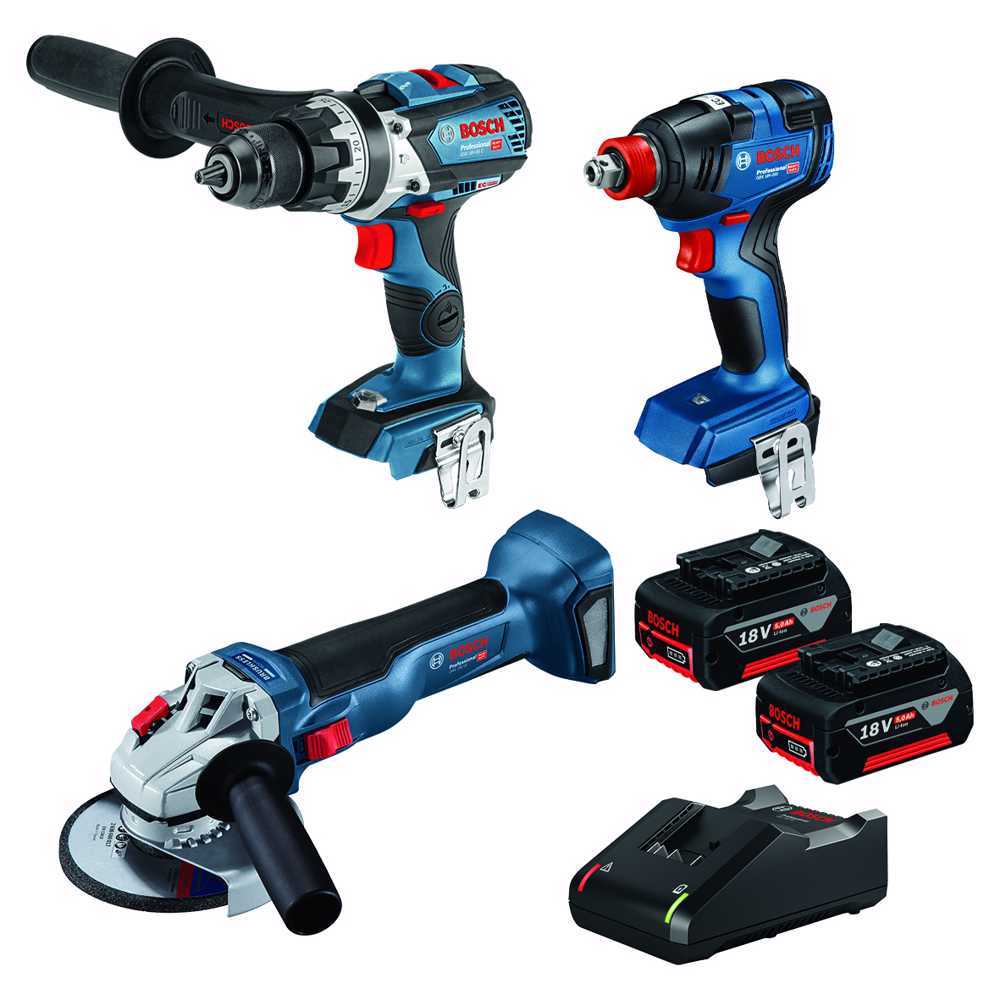18V 5.0Ah 3Pce Brushless Hammer Drill + Impact Wrench/Driver + Angle Grinder Kit (0615990M9T) by Bosch
