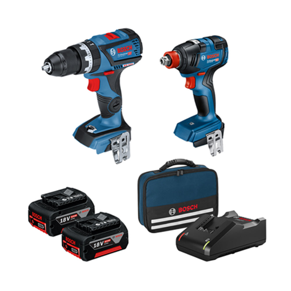18V 4.0Ah 2Pce Brushless Combo Kit - Hammer Drill + 1/2" Square Impact Wrench / 1/4" Driver 0615991FH5 by Bosch