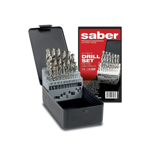 25Pce Metric 1-13mm HSS Bright Finish Drill Set in Metal Case 10-SBM3 by Saber