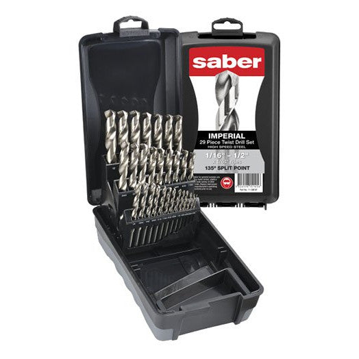 29Pce Imperial 1/16" - 1/2" HSS Bright Finish Drill Set in ABS Plastic Case 11-SBF3P by Saber