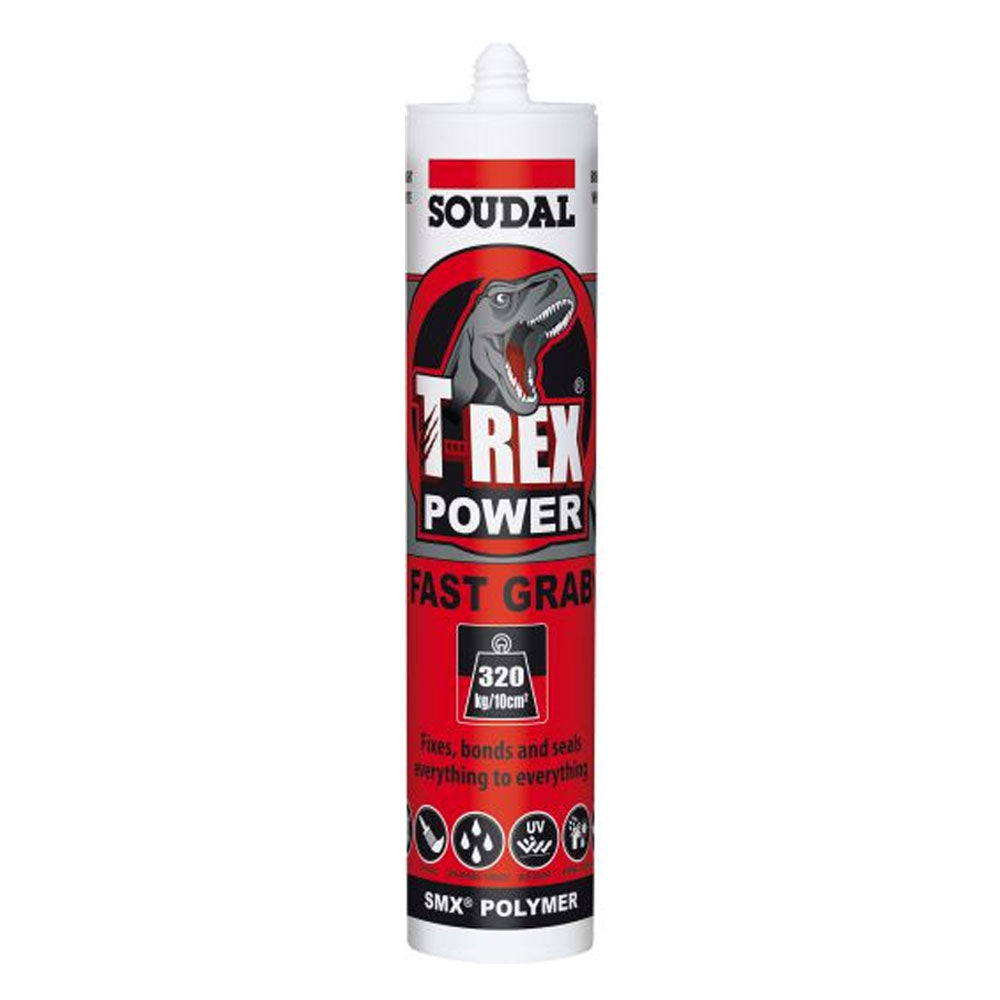 290ml Cartridge of T-Rex Power Fast Grab Adhesive Sealant in Quick Silver 128462 by Soudal
