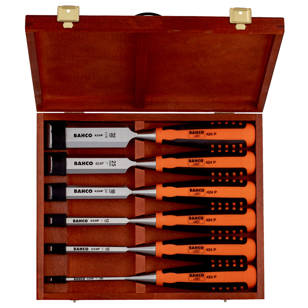 6Pce Woodworking Chisel Set with Rubberised Handle in Wooden Case 424P-S6-EUR by Bahco