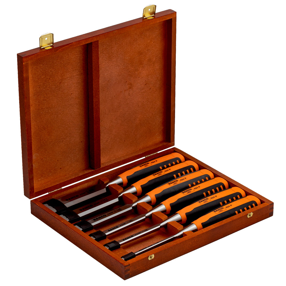 6Pce Woodworking Chisel Set with Rubberised Handle in Wooden Case 424P-S6-EUR by Bahco