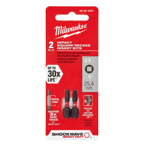 2Pce No. 1 x 25mm Square Impact SHOCKWAVE Bit 48324421 by Milwaukee