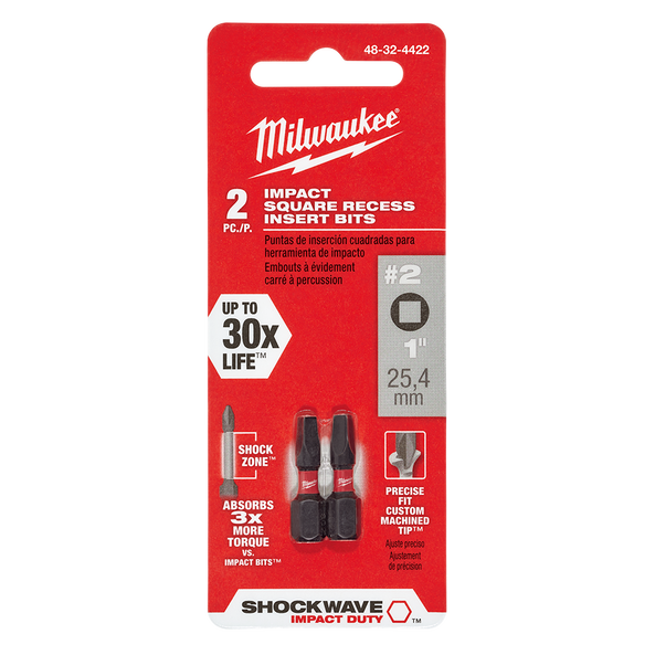 2Pce No. 2 x 25mm Square Recess Impact SHOCKWAVE Bit 48324422 by Milwaukee