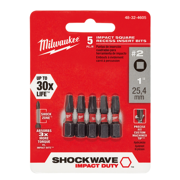 5Pce No. 2 x 25mm Square Recess Impact SHOCKWAVE Bit 48324605 by Milwaukee
