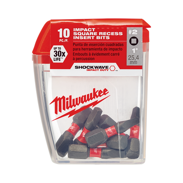 10Pce No. 2 x 25mm Square Recess Impact SHOCKWAVE Bit 48324607 by Milwaukee
