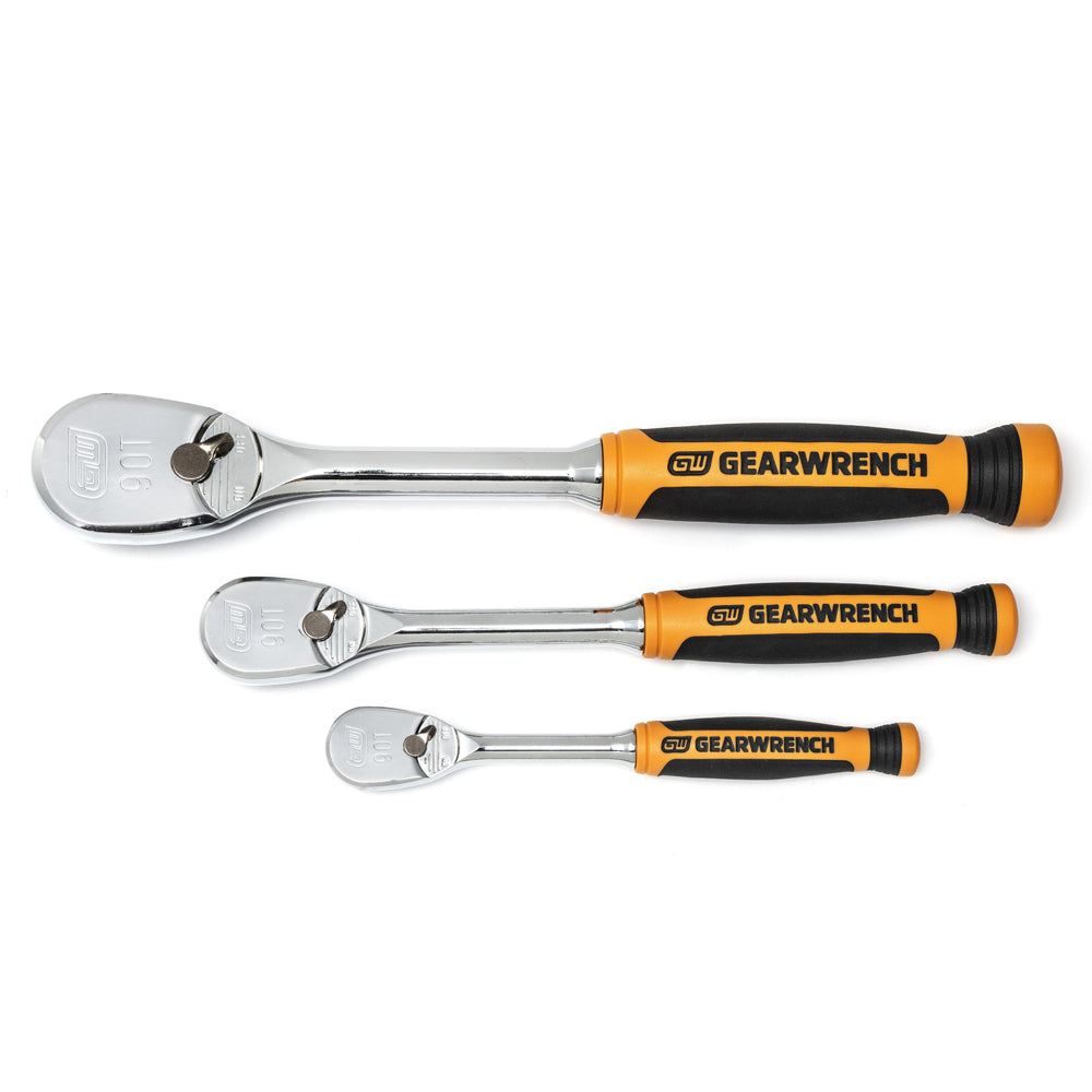 3Pce 1/4" & 3/8" & 1/2" Drive 90 Tooth Dual Material Teardrop Ratchet Set 81207T by Gearwrench
