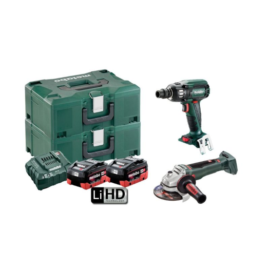 18V 5.5Ah Impact Wrench + Angle Grinder Kit SSW400WB 125BLMHD5.5 (AU68200350) by Metabo