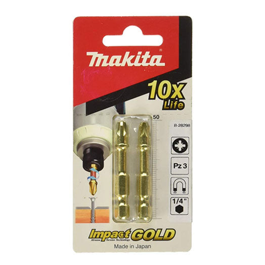 2Pce No. 3 Pozi 1/4" x 50mm Gold Torsion Screw Bit B-28298 by Makita
