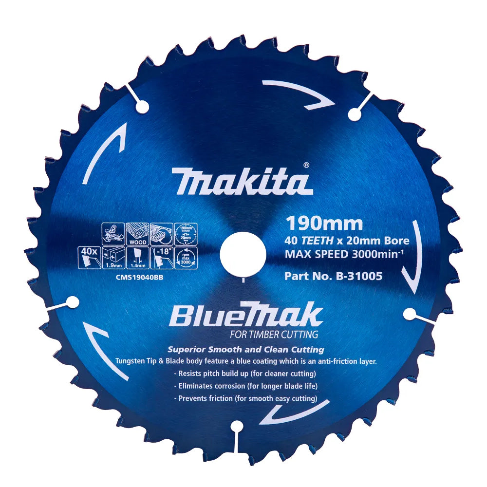 190mm x 20mm x 40T TCT Wood Cut BlueMak Mitre Saw Blade B-31005 by Makita