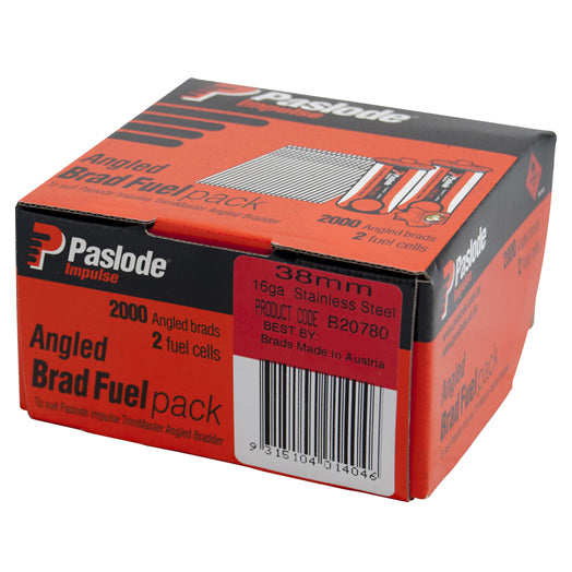 38mm C 16G Angled Brads Stainless Steel (2000Pce + 2 Fuel Cells) B20780 by Paslode