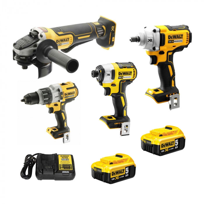 4Pce 18V 5.0Ah Hammer Drill + Impact Driver + Impact Wrench + Angle Grinder Kit DCK496P2-XE by Dewalt