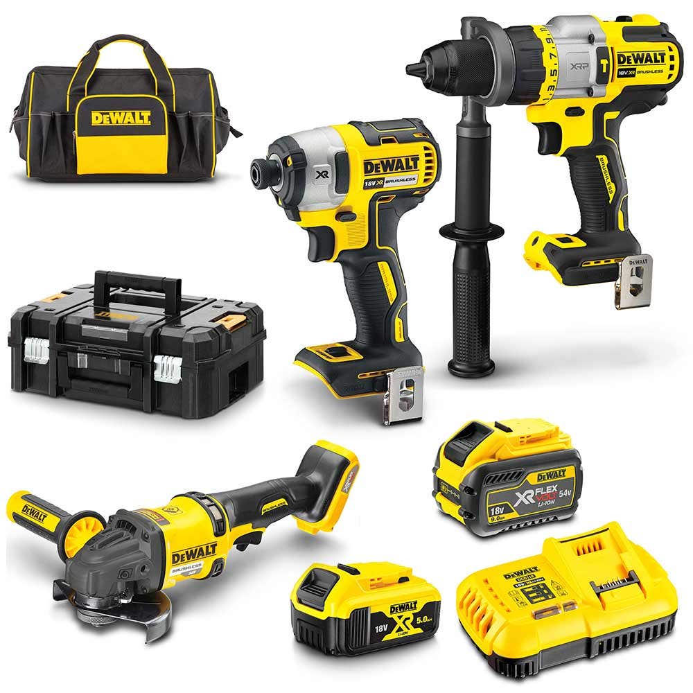 3Pce 18V/54V 5.0Ah/9.0Ah Hammer Drill + Impact Driver + Angle Grinder Kit DCZ341P1X1T-XE by Dewalt