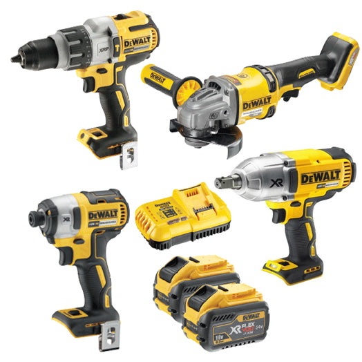 4Pce 54V 6.0Ah Brushless Hammer Drill + Impact Driver + Impact Wrench + Angle Grinder Kit DCZ441X2T-XE by Dewalt