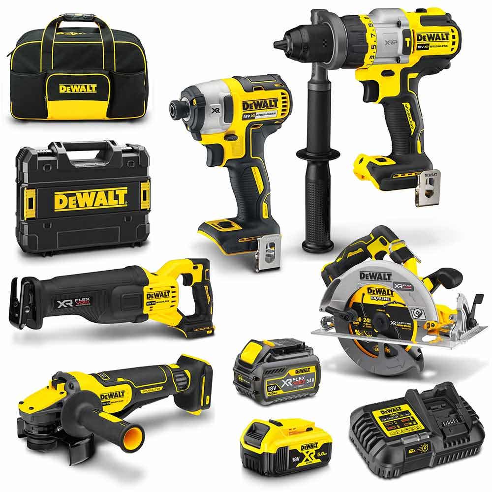 5Pce 18V/54V 5.0Ah/6.0Ah Brushless Hammer Drill + Impact Driver + Circular Saw + Angle Grinder + Recip Saw Kit DCZ586P1T1T-XE by Dewalt