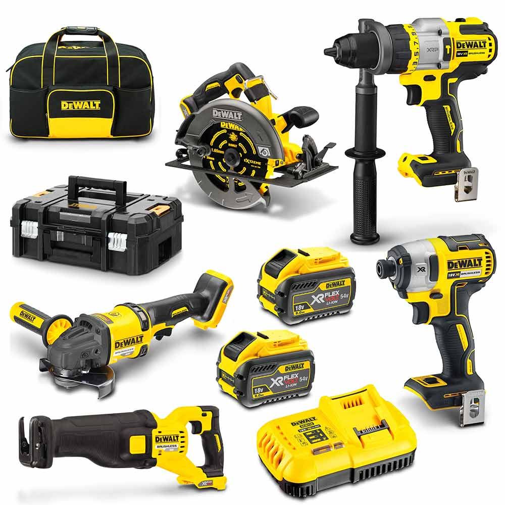 5Pce 54V 9.0Ah Brushless Hammer Drill + Impact Driver + Circular Saw + Angle Grinder + Recip Saw Kit DCZ596X2T-XE by Dewalt
