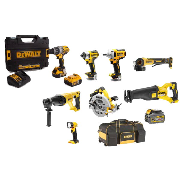 8Pce 18V 5.0Ah Brushless Hammer Drill + Impact Driver + Impact Wrench + Rotary Drill + Light + Circular Saw + Recip Saw + Angle Grinder Kit DCZ862T1P2-XE by Dewalt