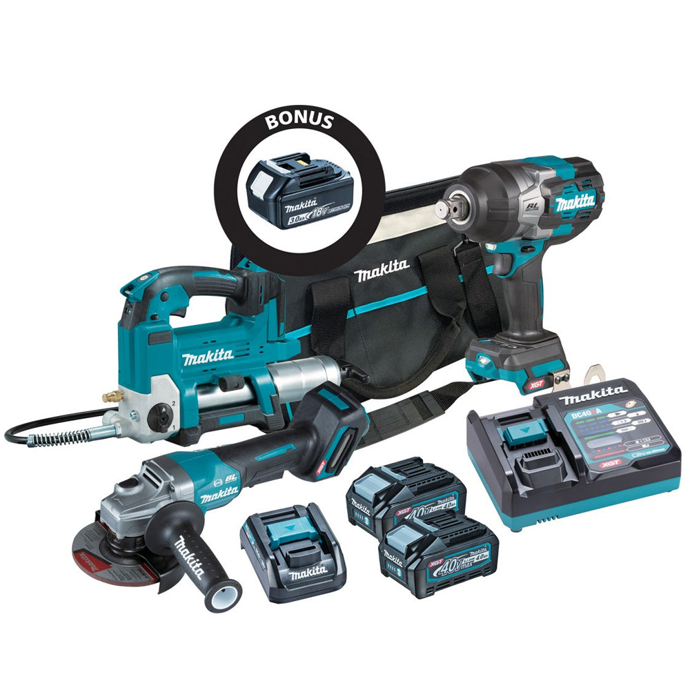 3Pce 40V Max 4.0Ah Combo Kit Feat. 3/4" High Torque Impact Wrench + Paddle Switch Angle Grinder + Grease Gun DK0146X1 by Makita