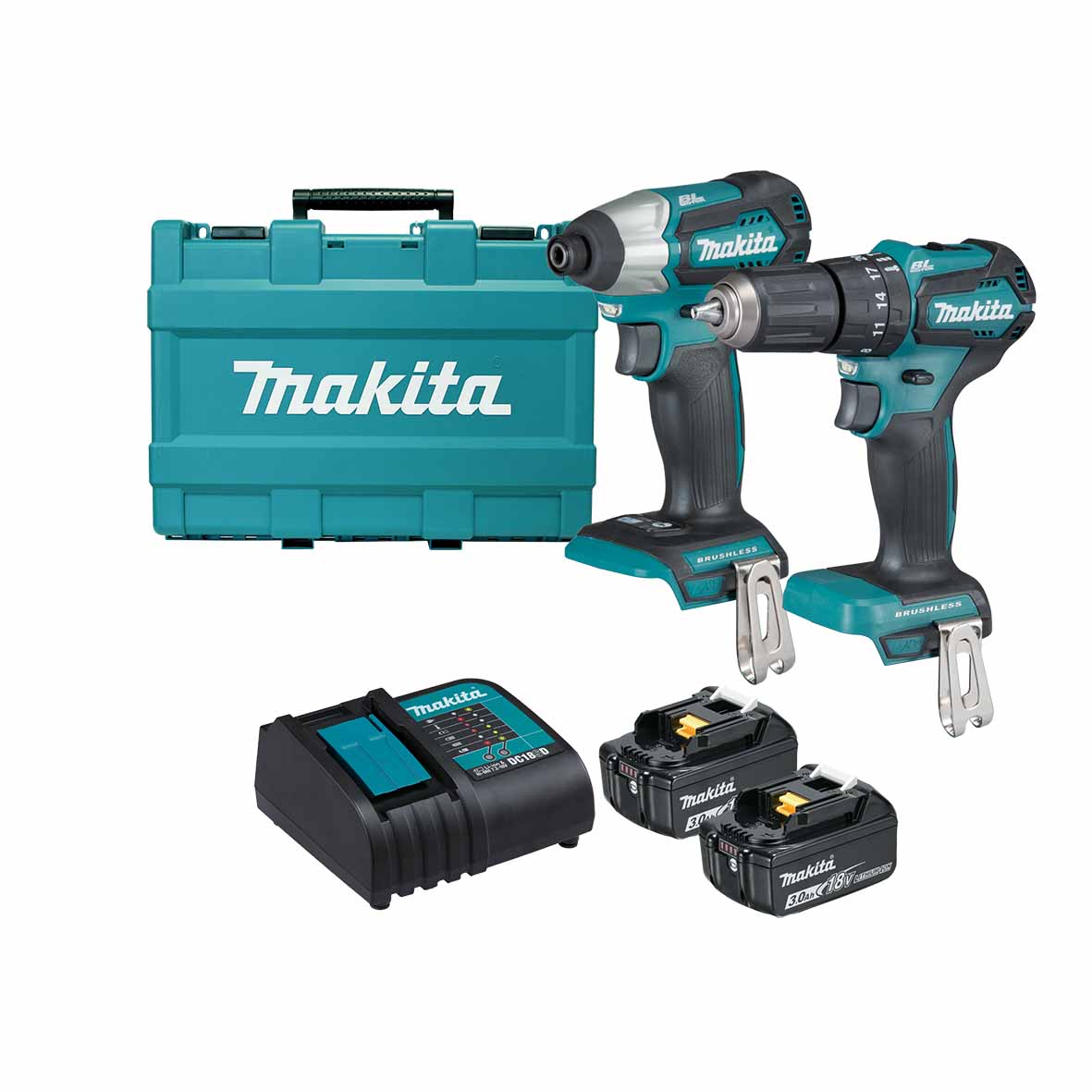 2Pce 18V 3.0Ah Brushless Hammer Drill + Impact Driver Kit DLX2221S by Makita