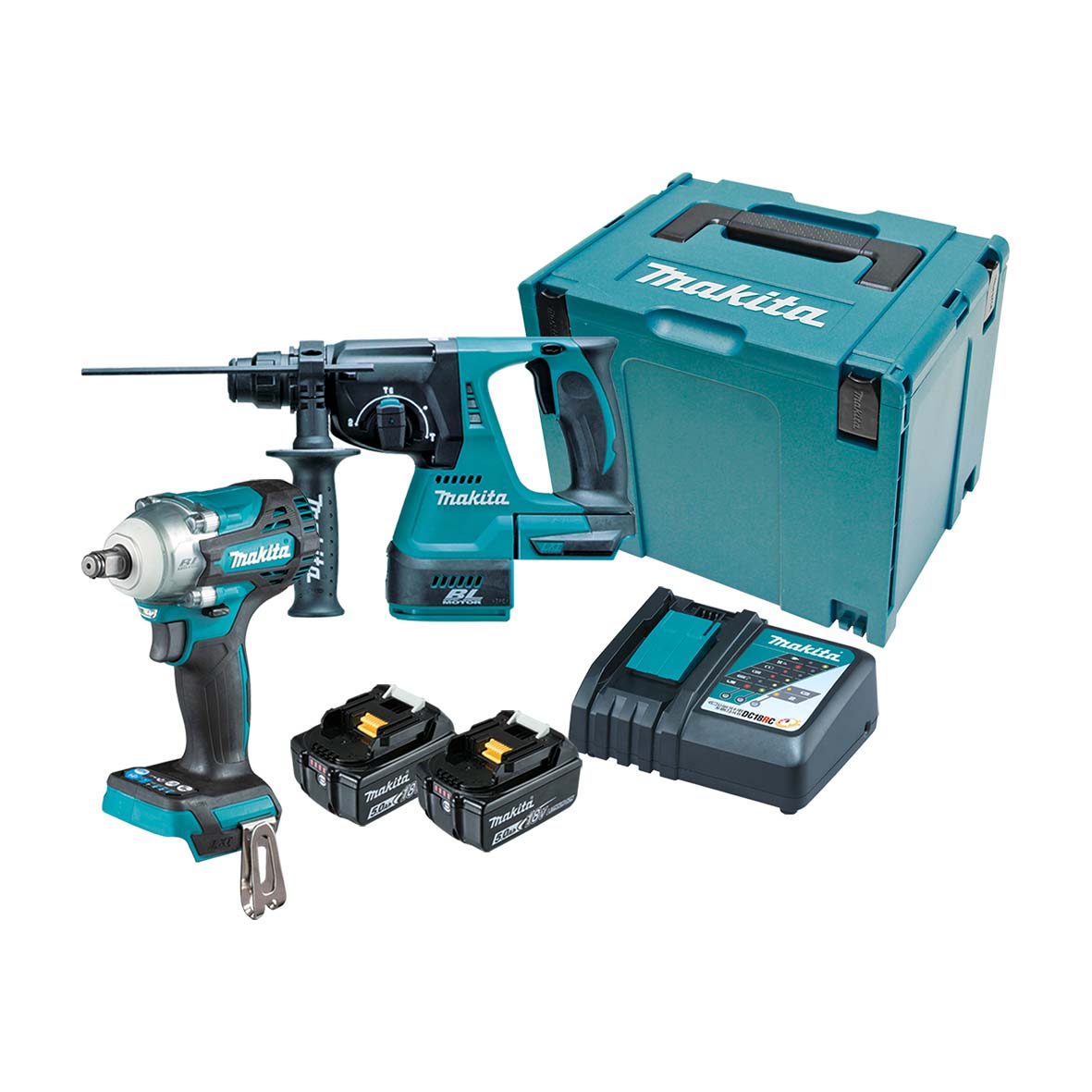 18V 5.0AH 2Pce Brushless Rotary Hammer Drill + Impact Wrench Kit DLX2372TJ by Makita