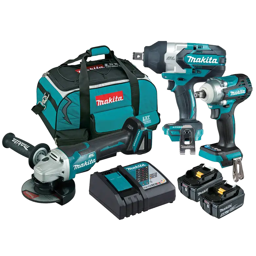 18V 5.0Ah 3Pce Brushless 3/4" Impact Wrench + 1/2" Compact Impact Wrench + Angle Grinder Kit DLX3123TX1 by Makita