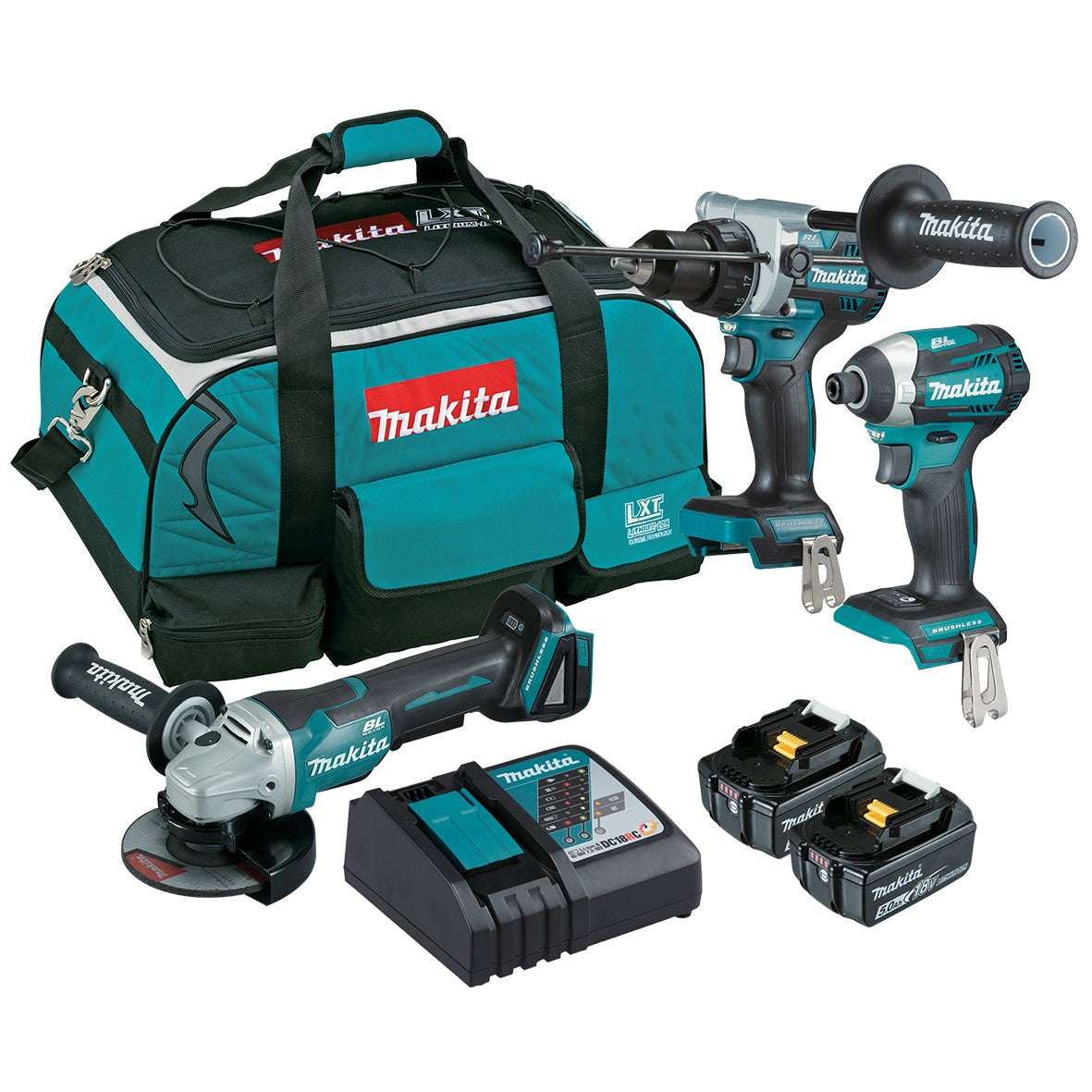 18V 5.0Ah 3Pce Brushless Hammer Driver Drill + Impact Driver + Paddle Switch Angle Grinder Kit DLX3146TX1 by Makita