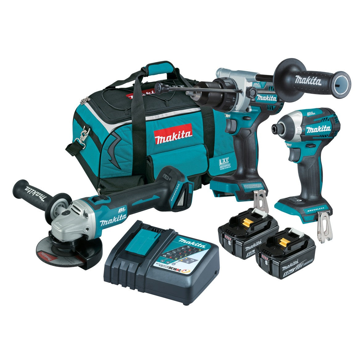 18V 5.0Ah 3Pce Brushless Hammer Driver Drill + Impact Driver + Slide Switch Angle Grinder Kit DLX3149TX1 by Makita