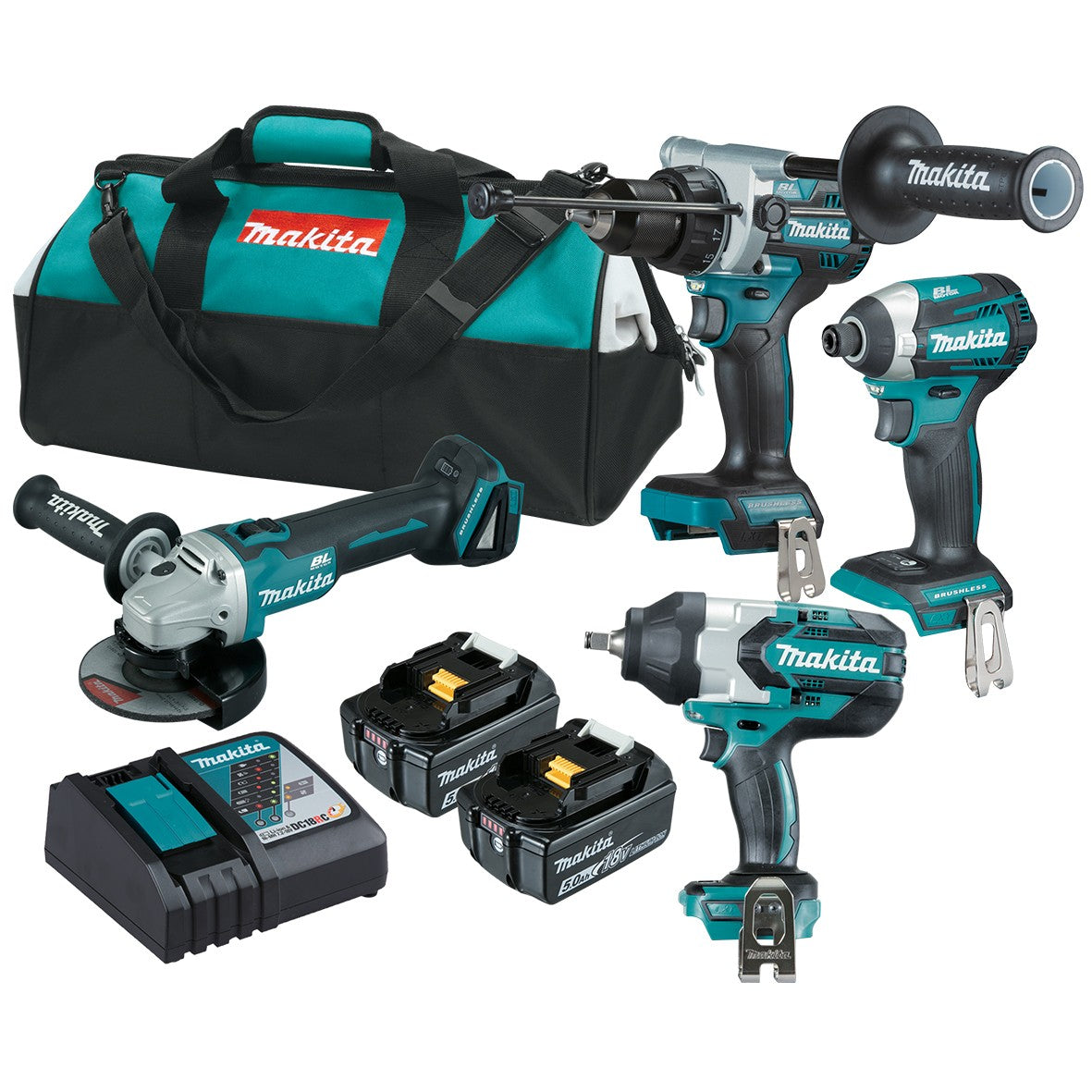 18V 5.0Ah 4Pce Brushless Hammer Drill + Impact Drill + Angle Grinder + Impact Wrench Kit DLX4144TX1 by Makita