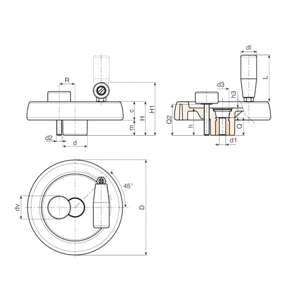 125mm Solid Control Handwheel with Revolving / Folding Handle & Locking Knob C980125.TP0501 by Boteco