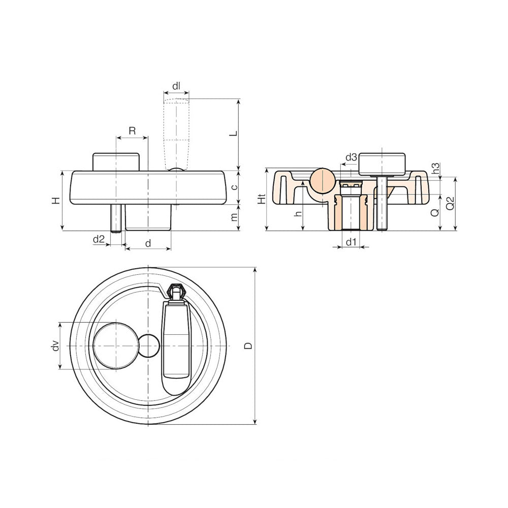124mm Solid Control Handwheel with Foldaway Handle & Locking Knob C990125.TP0501P by Boteco